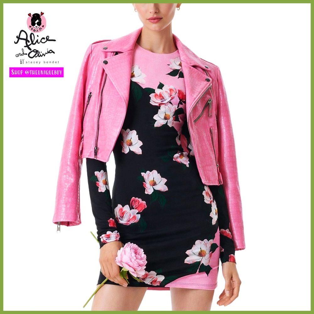 Alice + Olivia Cody Pink Vegan Leather Croc Moto Jacket - Picture 5 of 16